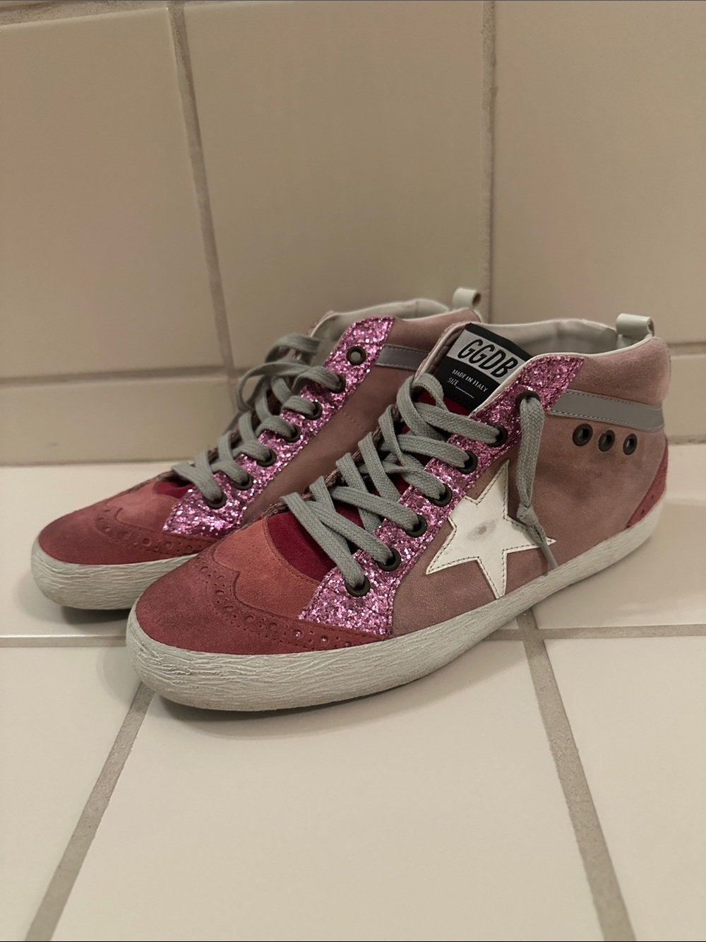 Golden Goose Pink Glitter & Suede High-Top Sneaker with White Star - Picture 3 of 8